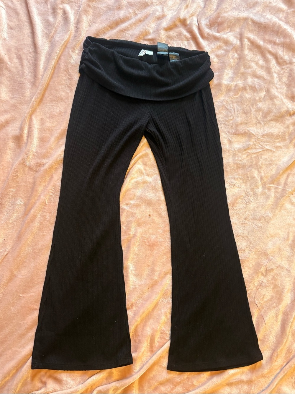 Divided Black Ribbed Fold-Over Waist Flare Pants